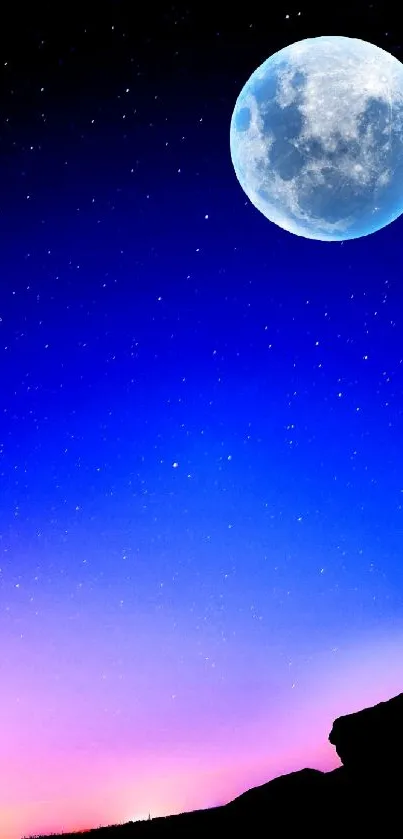 Mobile wallpaper with moon and stars in a vibrant night sky.