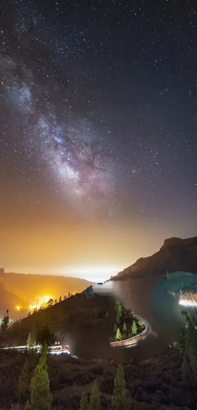 Milky Way over a scenic night landscape with glowing horizon.