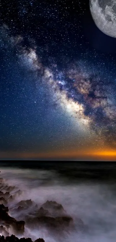 Starry night sky with Milky Way and ocean view under moonlight.