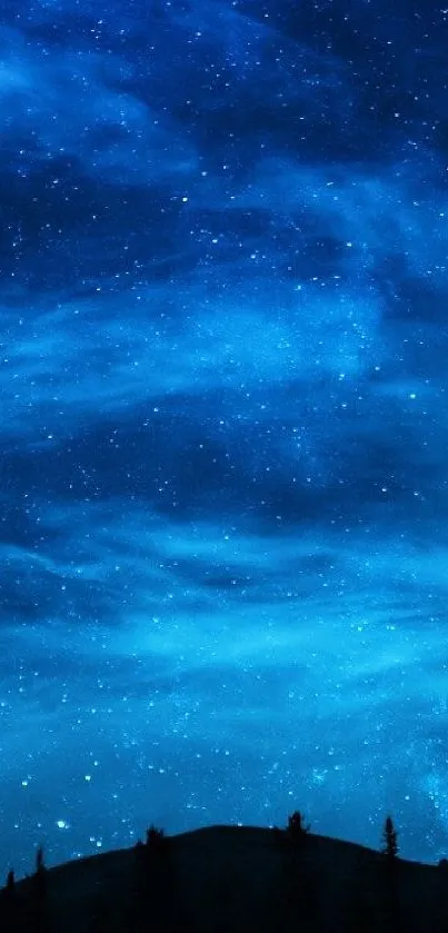 Stunning night sky with stars over mountains in deep blue hues.