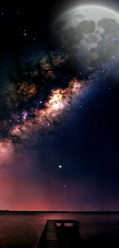 A stunning night sky wallpaper with the moon and galaxy, ideal for mobile devices.