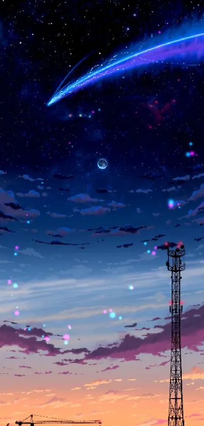 Night sky wallpaper with shooting star and tower silhouette at twilight.