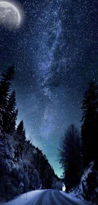 Beautiful night sky over a snowy forest path under starlit skies.