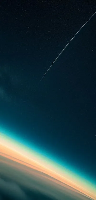 Night sky wallpaper with shooting star and glowing horizon for mobile.