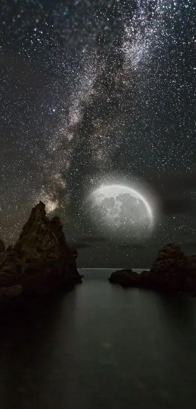 A breathtaking night sky with stars, Milky Way, and a moonlit ocean view.