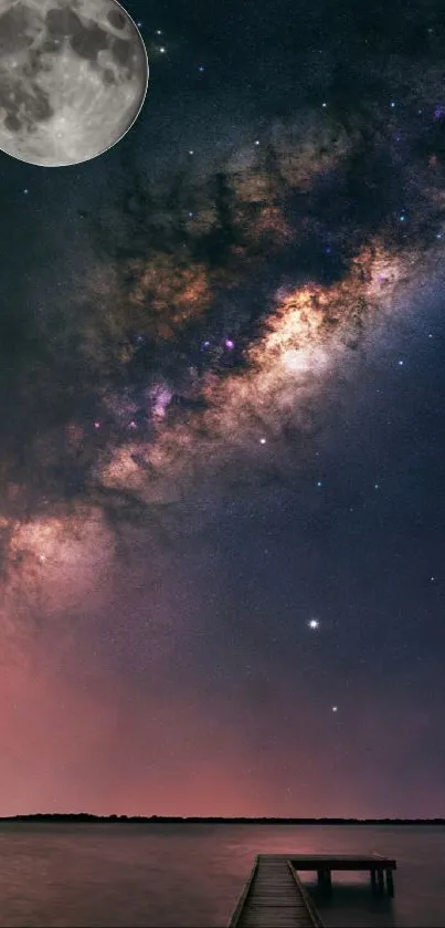 Milky Way galaxy over a lake with a full moon in the night sky.