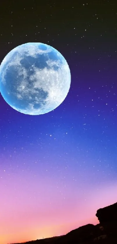 Mobile wallpaper of a night sky with a bright moon and colorful gradient horizon.