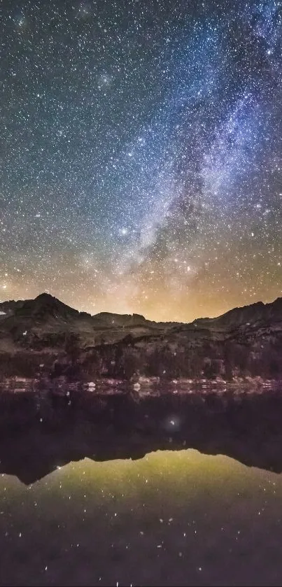 Enchanted night sky with stars over mountains and reflective lake.