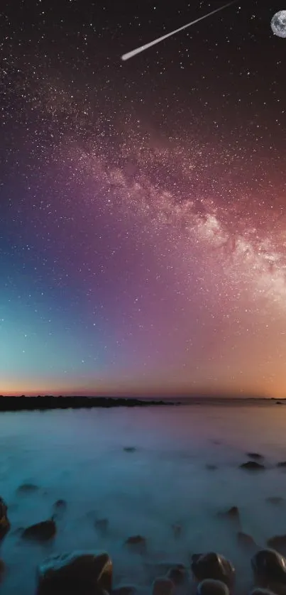 Starry night sky with a shooting star and an ocean view.