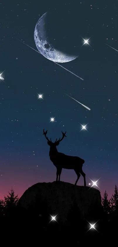 Silhouette of a deer under a starry sky with a moon and shooting stars.