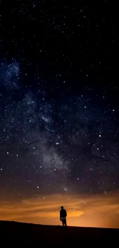 Silhouette against a starry night sky and deep blue backdrop.