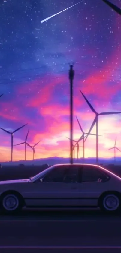 Car under a vibrant night sky with wind turbines and stars.