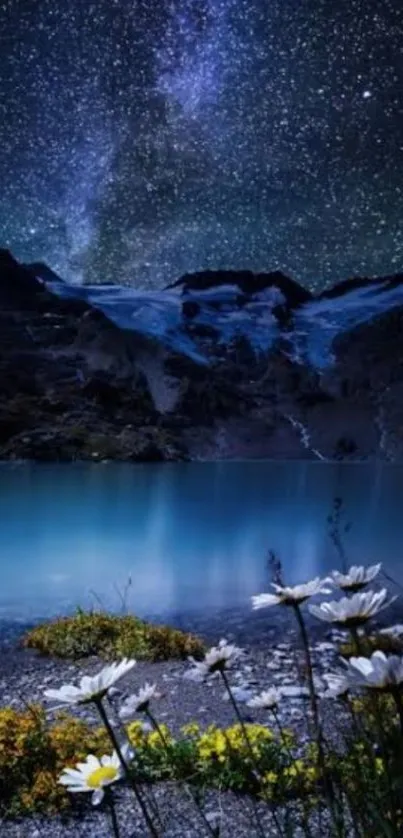 Majestic night sky over a peaceful lake with stars and mountains.