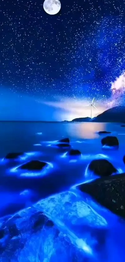 Vibrant night sky and glowing ocean wallpaper with stars and moon.