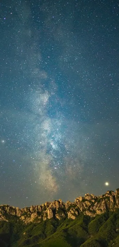 A stunning view of the Milky Way galaxy over rugged mountains at night.