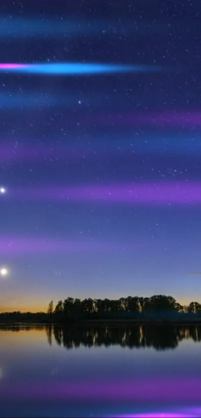 Starry night sky with purple and blue hues over a serene lake.