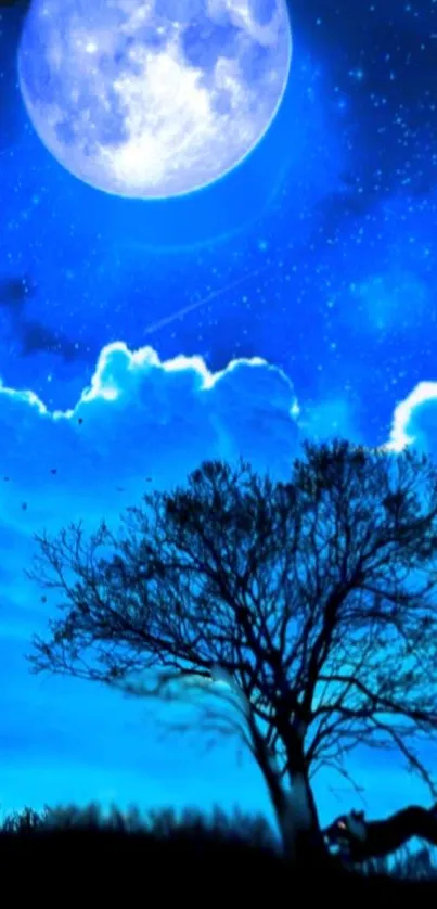 Blue night sky wallpaper with moon and stars.