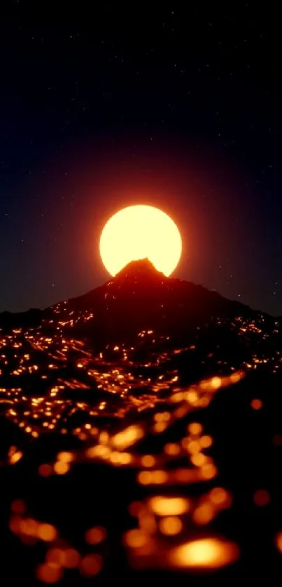 Radiant orange sunset over mountain peaks with glowing embers in the night.