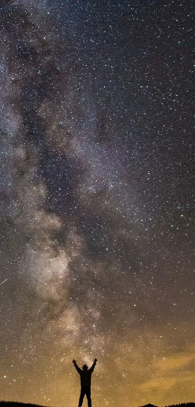 Silhouette under a starry Milky Way sky.