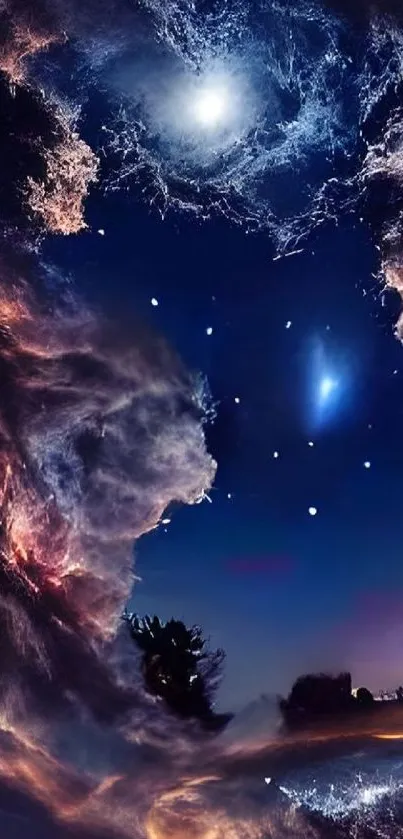 Surreal night sky wallpaper with clouds and stars in vibrant hues.
