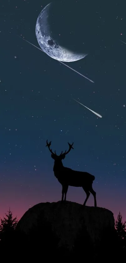 Silhouette of a deer against a starry night sky with meteors and moon.