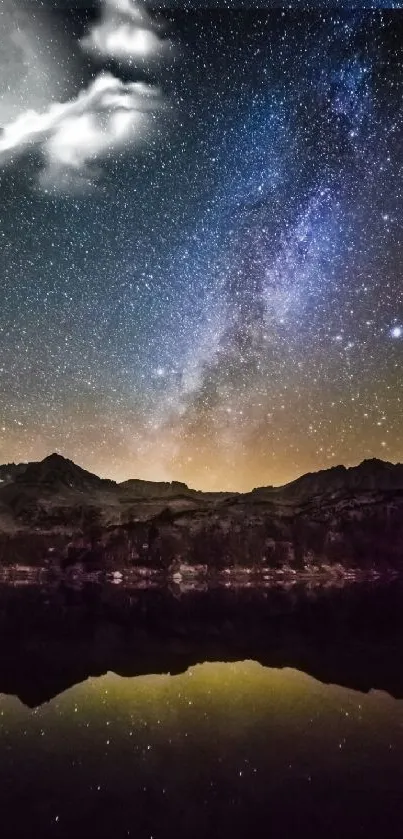 Starry night sky with moon and galaxy over mountains.