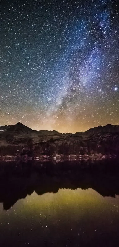 Beautiful night sky wallpaper with Milky Way over mountains and reflection.