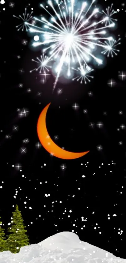 Night sky with fireworks, crescent moon, and snowy trees wallpaper.