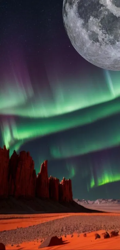 Night sky wallpaper with Northern Lights and a bright full moon over a desert landscape.