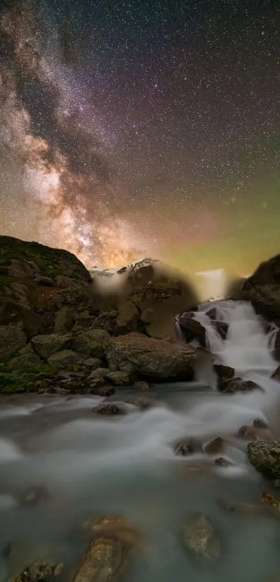 Waterfall under a starry night sky with Milky Way.