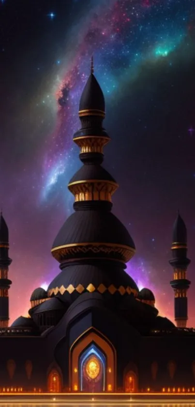 Mystical temple under galaxy night sky wallpaper.