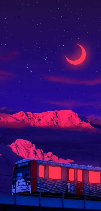 Red train under a purple starry sky with a crescent moon.