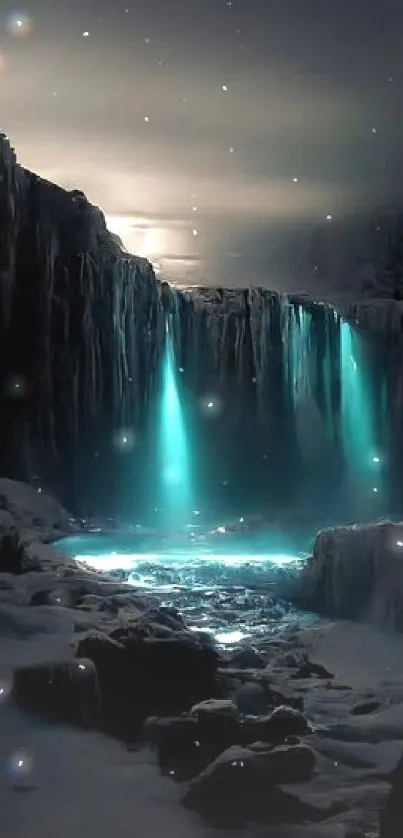 Stunning waterfall glowing in night with serene atmosphere.