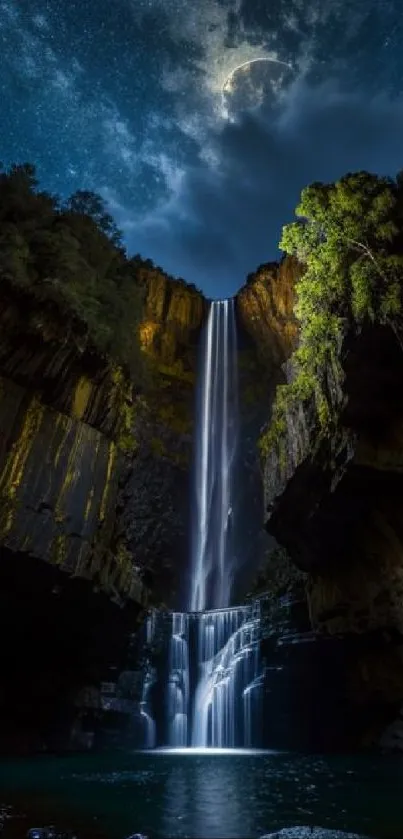 Night waterfall with starry sky and illuminated cliffs.