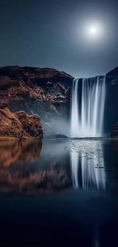 A serene night waterfall under moonlight with starry sky reflection.