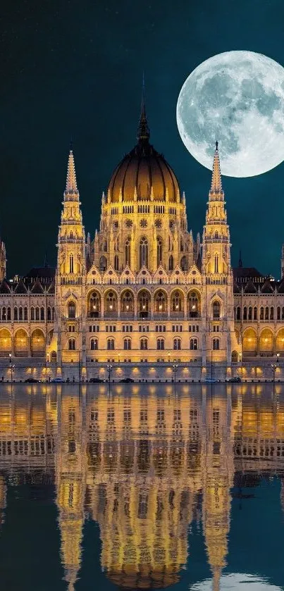 Mobile wallpaper of moonlit architecture with reflection.