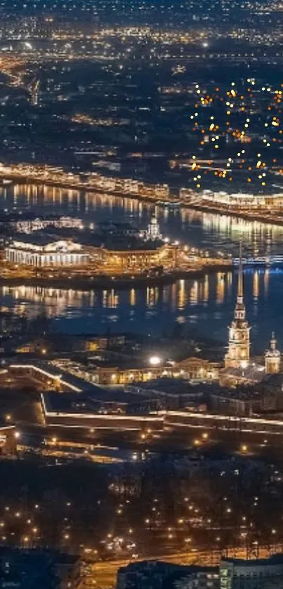 Illuminated cityscape at night with river and vibrant lights.