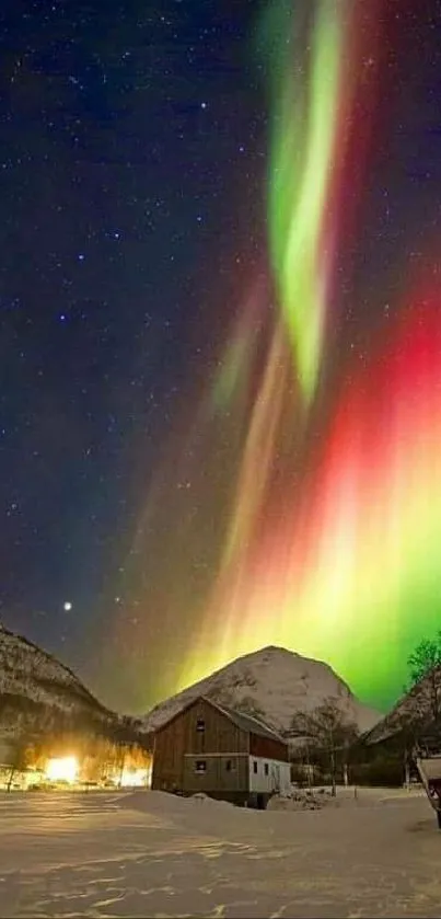 Stunning Northern Lights over snow-covered winter landscape at night.