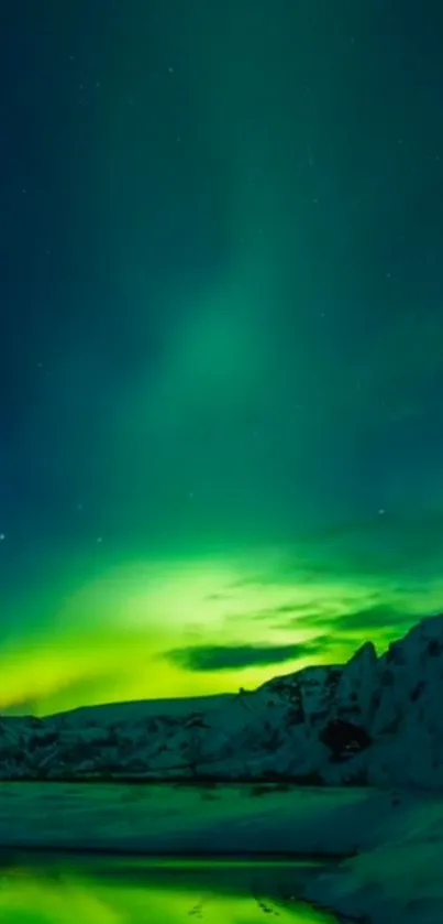 Vibrant green Northern Lights over icy landscape.