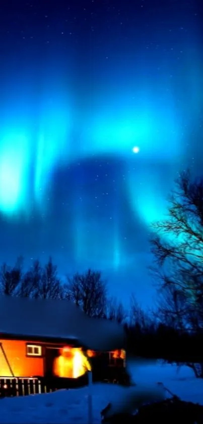 Bright Northern Lights over snowy cabin at night.