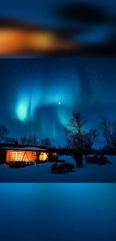 Cozy cabin under Northern Lights in a snowy landscape.