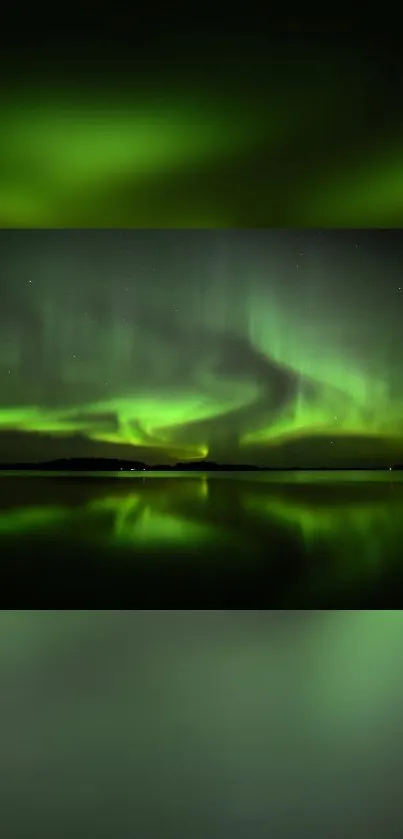 Vivid green aurora borealis lights up the night sky over a tranquil lake.