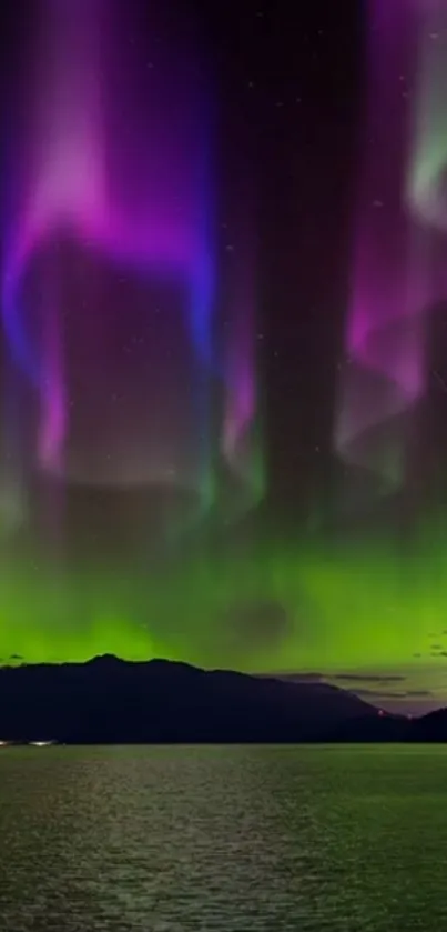 Vibrant aurora borealis over a dark landscape at night.