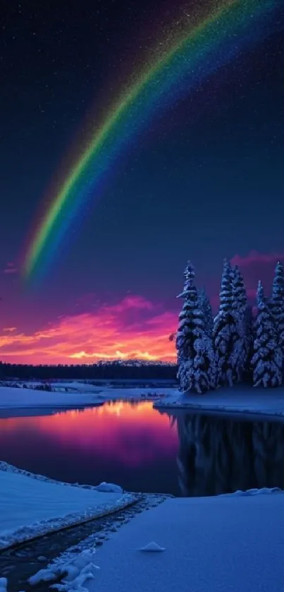 Aurora borealis over snow landscape at sunset, vibrant sky hues.