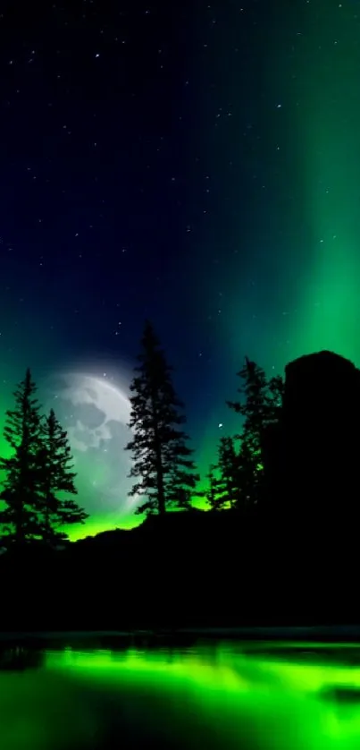 Vibrant Northern Lights over serene mountain and lake landscape.
