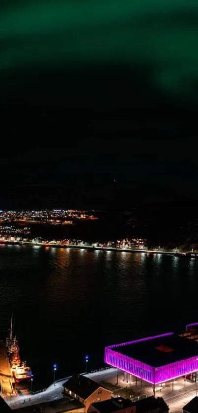 Aurora borealis over arctic cityscape at night.