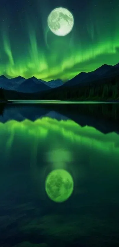 Northern Lights reflecting over a tranquil lake and mountains at night.