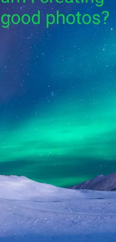 Northern Lights over snowy landscape with stars shining brightly.