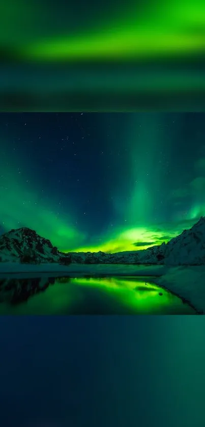 Beautiful Northern Lights illuminating snowy mountains at night.