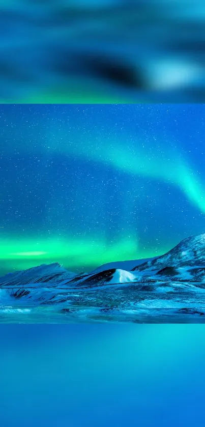 Vibrant Northern Lights over snowy mountains in a starry blue night sky wallpaper.